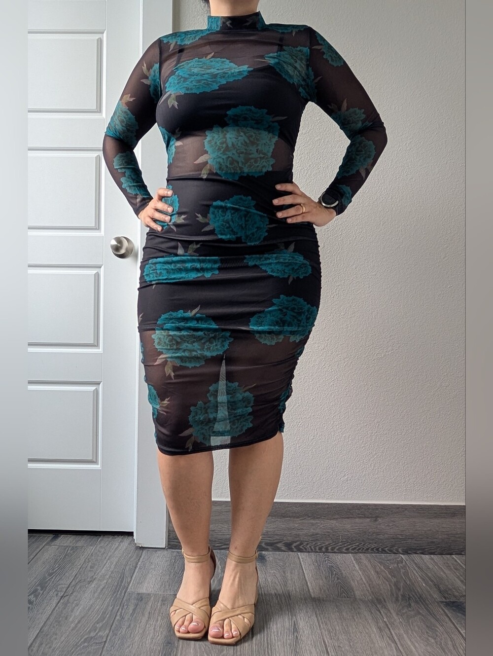 Black Long-Sleeve Ruched Sheer Dress with Teal Floral Print - S